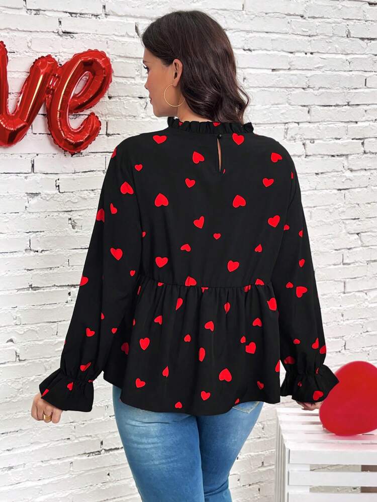 Plus Size Love Print Ruffle Sleeve Blouse/Valentine's Day
