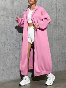 SHEIN EZwear 女式長款拉鍊前開帽衫外套 - 粉色 - 查看 1