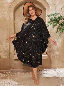 SHEIN Swim Curve Plus Size Women's Loose Fit Star & Moon Pattern Cover Up Summer - Multicolor - View 6