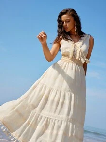 Anewsta 流蘇搭邊貝殼吊墜分層無袖夏日假期連身裙 - 杏色 - 查看 4