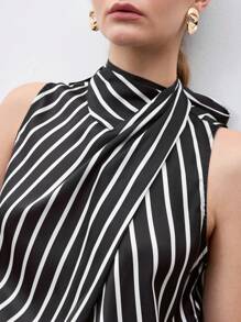 BizChic Women's Striped Asymmetrical Collar Tie Back Crop Top