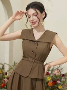 Modelyn 女士优雅两件套，包含一件前扣无袖上衣和一条飘逸的裙子 2 件套 - 卡其色 - 查看 7