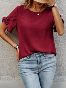 EMERY ROSE Effen blouse met ruches en bloemblaadjesmouwen, tops met korte mouwen