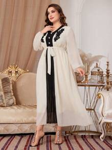 Modelyn Fashionable Color Block V-Neck Lantern Sleeve Long Dress Long Evening Dresses - Apricot - View 6