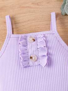 Baby Girl Ruffle Knitted Ribbed Cami Bodysuit And Printed Shorts Set - Purple - View 5