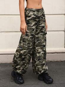 SHEIN EZwear Women's Woven Camouflage Print Long Pants - Army Green - View 4
