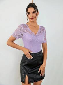 SHEIN Privé Ladies' Romantic Purple Lace Bodysuit With V Neckline And Sheer Details