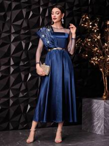 Modelyn Women's Shiny Rhinestone Mesh Splicing Satin Dress,Elegant Evening Party Dress Long Evening Dresses - Navy Blue - View 7