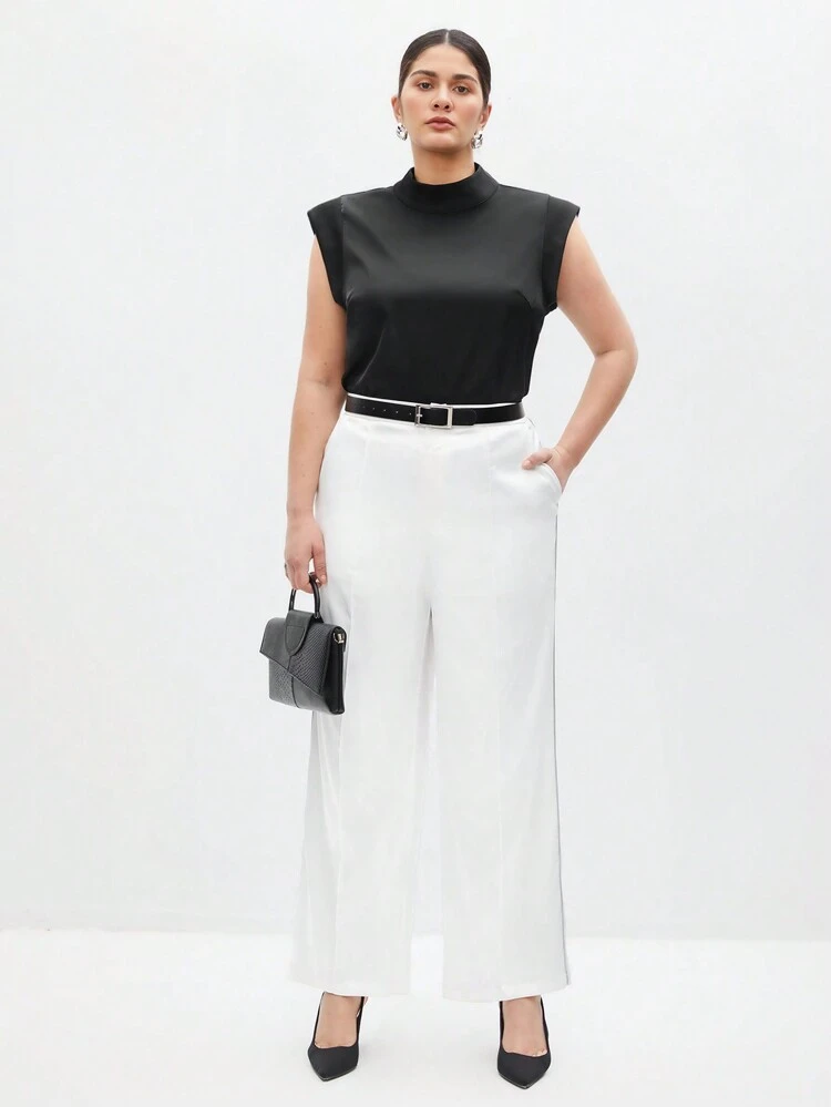 Plus Size Women's Plain Color Straight Pants With Pockets