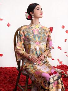 Divindia Loose Split Kurta With Stand Collar, Printed Style Indian - Multicolor - View 1