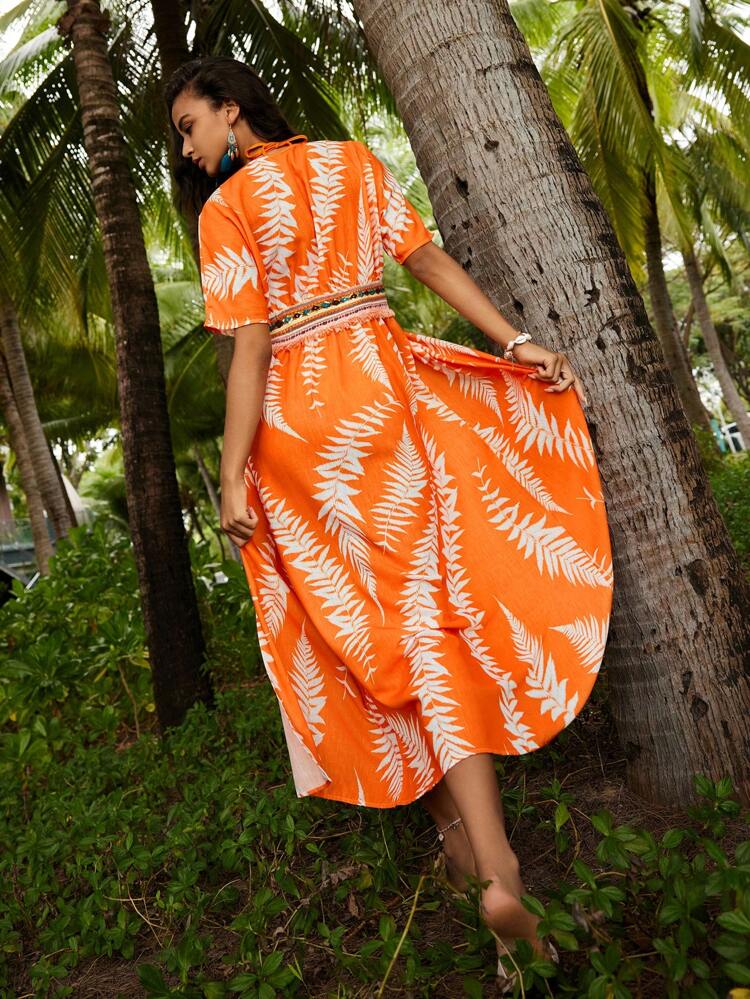 Women's Botanical Silhouette Printed Waist And Collar With Delicate Lace Holiday Cover Up Summer