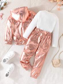 SHEIN Young Girl Zip Up Hooded Jacket & Pants & Heart Patched Tee - Pink - View 2