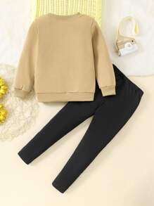 SHEIN Young Girl Cartoon Cat Printed Sweatshirt And Pants Set - Khaki - View 2