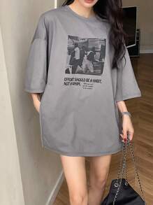DAZY Women's Vintage Pattern Loose T-Shirt Summer Oversized T-Shirt,Graphic Tees - Grey - View 4