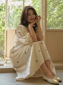 DAZY Đầm nữ dáng rộng cổ tròn thắt nơ thêu họa tiết phối hợp, đầm hè, đầm thường ngày nữ, đồng phục giáo viên, đầm lễ Phục sinh. - Màu be - Xem 6