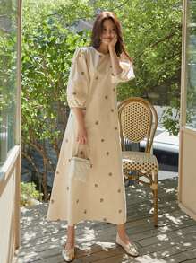 DAZY Đầm nữ dáng rộng cổ tròn thắt nơ thêu họa tiết phối hợp, đầm hè, đầm thường ngày nữ, đồng phục giáo viên, đầm lễ Phục sinh. - Màu be - Xem 10