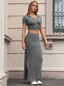 SHEIN EZwear Women's Grey Knitted Zip Front Short Sleeve Hoodie And Bodycon Skirt Set - Grey - View 3