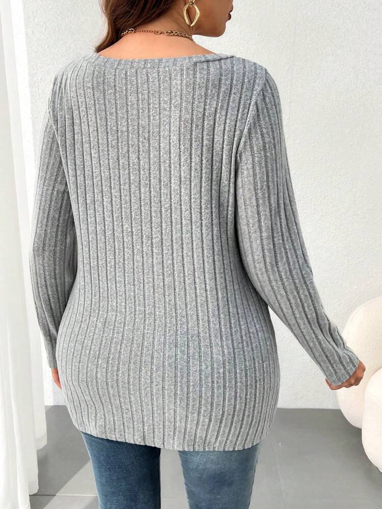 Plus Size Black Gray Patchwork Long Sleeve T-Shirt With Ribbed Hem