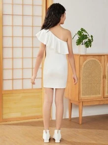 SHEIN Tween Girls' One-Shoulder Ruffle Trim Solid Color Dress - White - View 2