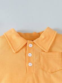 Bộ đồ liền thân tay ngắn màu trơn cho bé trai có túi, cổ áo sơ mi và quần short kẻ caro, trang phục thường ngày xuân/hè - trái cam - Xem 4
