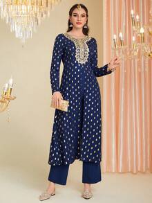 Divindia Embroidered And Applique Gold Polka Dots Print Long Sleeve Kurta - Multicolor - View 7