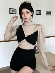 DAZY 女式拼色拼接羊腿袖毛衣，秋装 - 杏色 - 查看 3