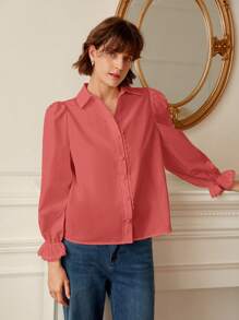 SHEIN Frenchy Solid Lace Trim Button Front Shirt