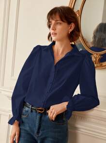 SHEIN Frenchy Đồ trang trí Lace hoa văn tay áo lá sen Áo sơ mi - Màu xanh hải quân - Xem 7