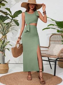 SHEIN VCAY 女款純色鏤空繫帶高開衩洋裝 - 綠色 - 查看 3