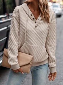 SHEIN LUNE Half Button Kangaroo Pocket Drop Shoulder Drawstring Hoodie,Long Sleeve Tops - Apricot - View 4