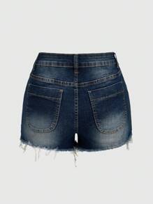 ROMWE Grunge Punk Washed Denim Shorts With Star Embroidery And Raw Hem, School - Blue - View 3