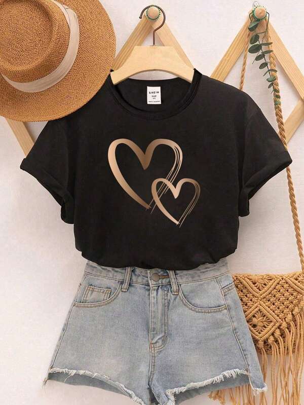 SHEIN GraphicGems 1 stuk Jong Meisjes Hart Gevormd Korte mouwen T-shirts