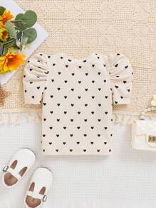 SHEIN 嬰兒女寶寶休閒愛心印花泡泡袖圓領短袖上衣 - 黃色 - 查看 2