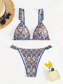 SHEIN Swim Retro All Over Print V-Neck Bikini Set With Ruffle Trim Summer - Multicolor - View 1