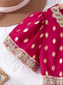 SHEIN Tween Girls' Gorgeous Polka Dot Print Patchwork Embroidered Tape Dress With Puff Sleeves For Party Summer - Burgundy - View 5