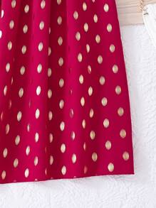 SHEIN Tween Girls' Gorgeous Polka Dot Print Patchwork Embroidered Tape Dress With Puff Sleeves For Party Summer - Burgundy - View 6