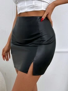EURMUSE PU Leather Slit Hem Bodycon Skirt - Black - View 4