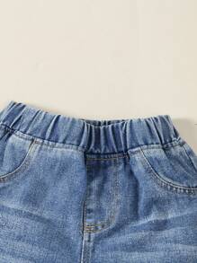 SHEIN Playful Pals Baby Jungen Tägliche Lässige Süße Lächelnde Gesichts Vorne Und Hinten Gedruckt Top Mit Zerrissenen Denim-shorts Set