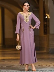 Al Najma Purple Rhinestone Decor Long Sleeve Maxi Modest Dress Arabian Dress Kaftan Jalabiya Dress - Dusty Purple - View 6