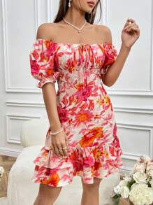 SHEIN Unity Floral Print Off Shoulder Puff Sleeve Layered Ruffle Hem Dress For New Year Clothes