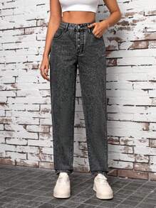 SHEIN Tall Button Fly Tapered Mom Fit Jeans - Dark Grey - View 4