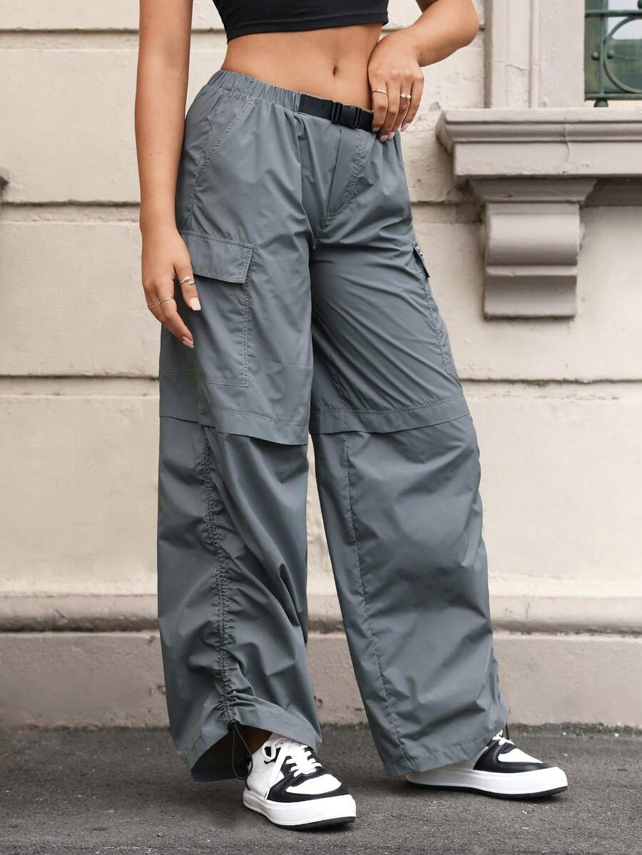 SHEIN EZwear Women's Gray Woven Cargo Pants With Pockets - Grey - View 1