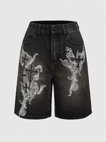 Grunge Punk Shorts En Jean Imprimé Croix Pour Femmes