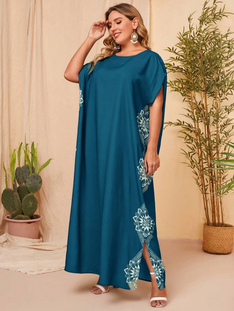 Mulvari Plus Size Women's Floral Printed Woven Dress - Teal Blue - View 1