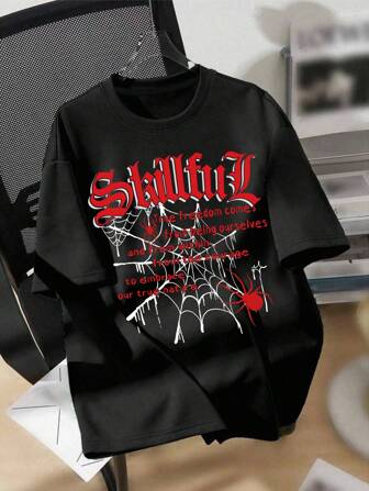 SHEIN Tween Lässiges Jungen-T-Shirt mit Spinnenmuster, kurzärmelig und Rundhalsausschnitt, Sommer