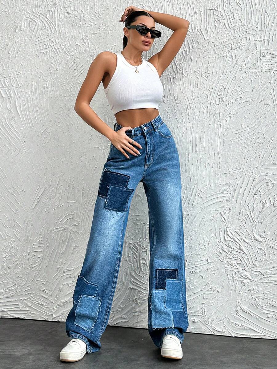 EURMUSE Patch Detailed Washed Jeans - Blue - View 1