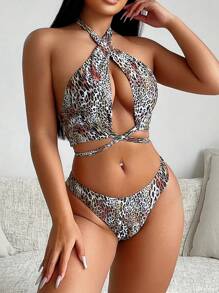 SHEIN Swim Women's Leopard Print Bikini Set Summer Beach - Multicolor - View 5