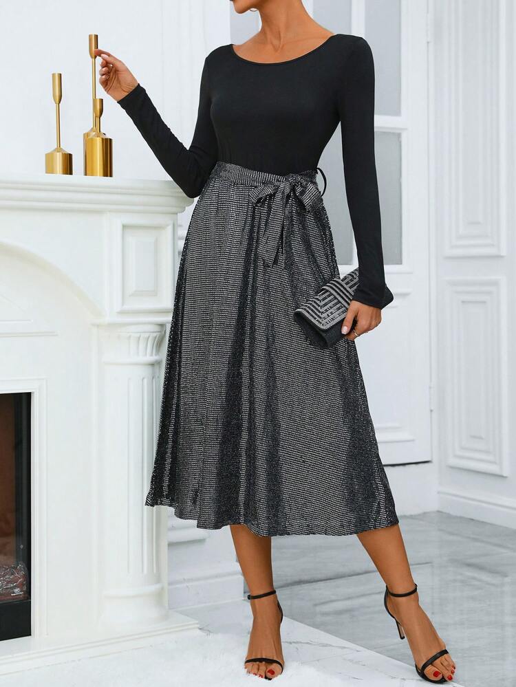 Colorblock Belted Dress Fall Cloth For Women