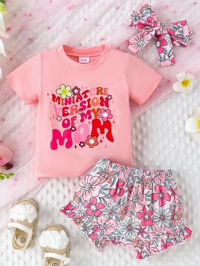 Baby Girl Elegant & Sweet Floral Letter Print T-Shirt And Shorts With Headband Set, Suitable For Casual, Vacation And Party