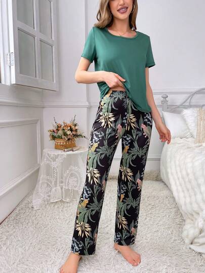Joyce Ellen Artist Vacation Solid Color Short Sleeve Sleepwear Top And Botanical Printed Sleepwear Pants 2pcs/Set, Women Clothes, For Summer, Holiday, Going Out, Ibiza Fits